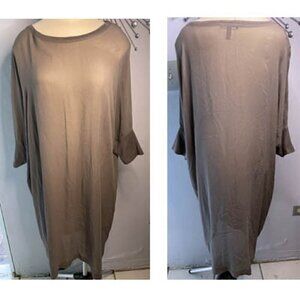 EILEEN FISHER Dress Sheer Silk Georgette Shift Round Neck Dolman Sleeve Brown S